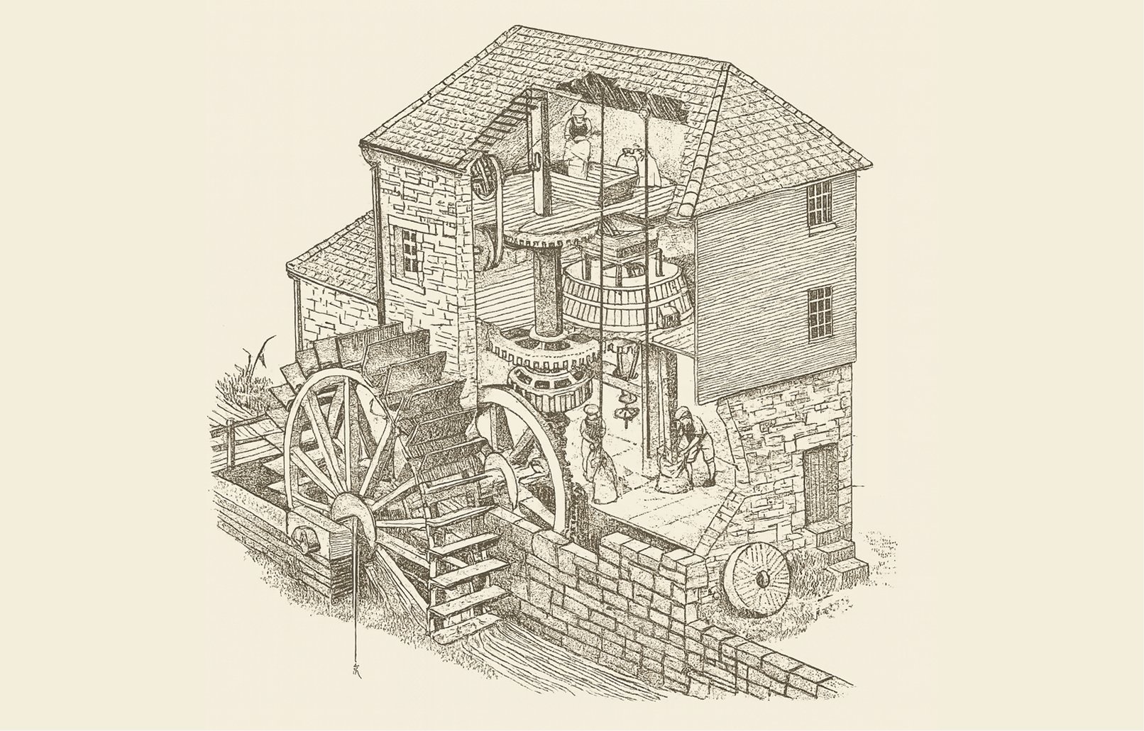 A mill with a water wheel to power its operations.