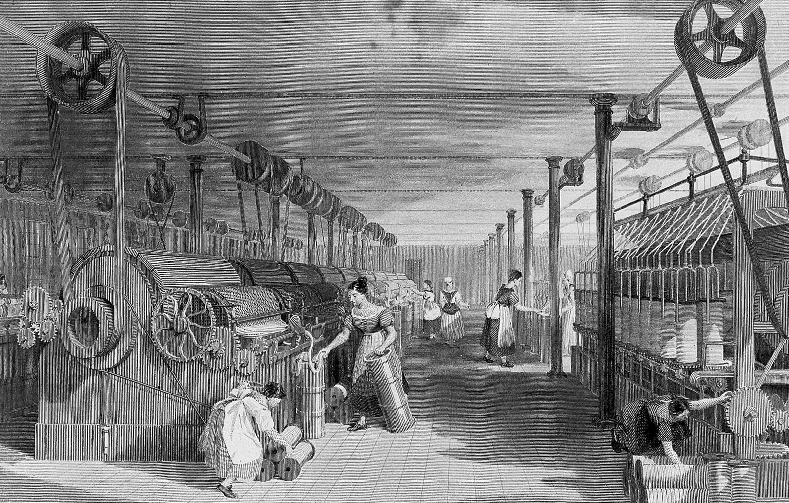 1835年托马斯·阿洛姆描绘的英国兰开夏郡蒸汽动力纺织工厂