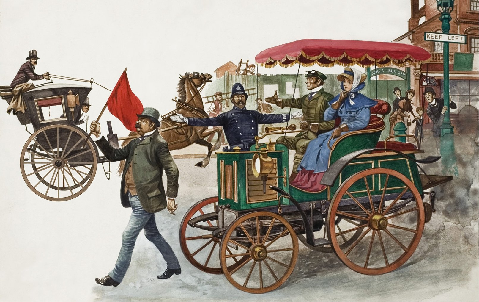 1865年英国红旗法案:汽车前必须有人步行举旗
